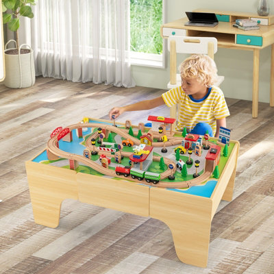 Costway 84 PCS Kids Wooden Train Track Railway Playset Activity Table W/ Storage Drawer - 3