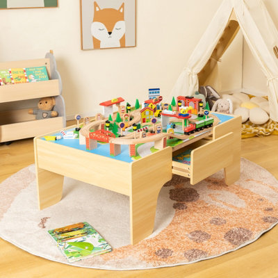 Costway 84 PCS Kids Wooden Train Track Railway Playset Activity Table W/ Storage Drawer - 4