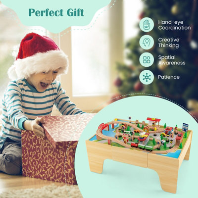Costway 84 PCS Kids Wooden Train Track Railway Playset Activity Table W/ Storage Drawer - 6