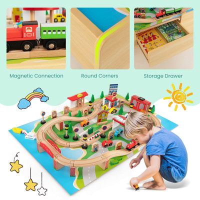 Costway 84 PCS Kids Wooden Train Track Railway Playset Activity Table W/ Storage Drawer - 8