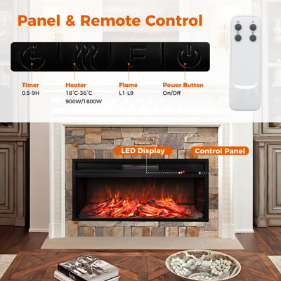 COSTWAY 86 cm Electric Fireplace 5000 BTU Recessed Fireplace Insert w/ Remote Control - 5