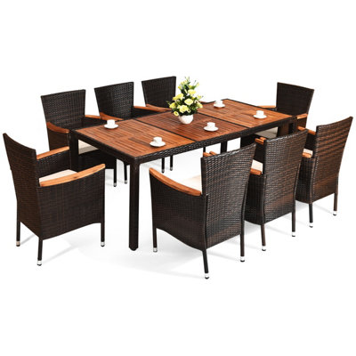 Costway 9 PCS Patio Dining Set Outdoor Wicker Conversation Set w/ Acacia Tabletop