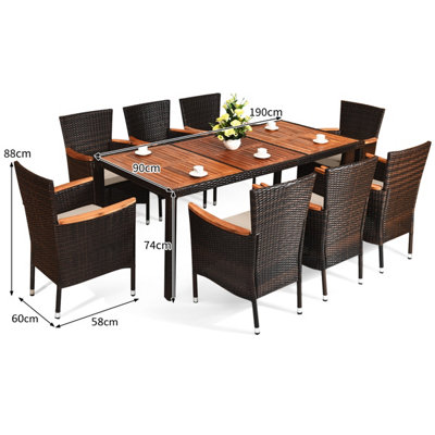 9 pcs patio rattan dining set store 8 chairs cushioned acacia table top