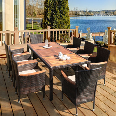 Costway 9 PCS Patio Dining Set Outdoor Wicker Conversation Set w/ Acacia Tabletop - 3