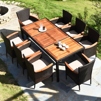 Costway 9 PCS Patio Dining Set Outdoor Wicker Conversation Set w/ Acacia Tabletop - 4