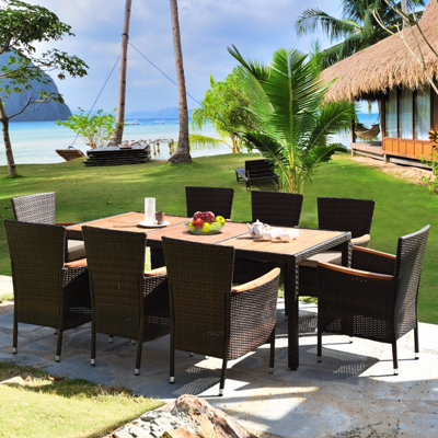 9 pcs patio rattan dining set outlet 8 chairs cushioned acacia table top