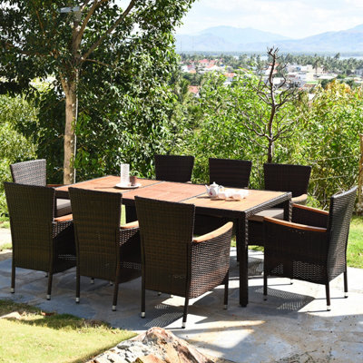 Costway 9 PCS Patio Dining Set Outdoor Wicker Conversation Set w/ Acacia Tabletop - 6