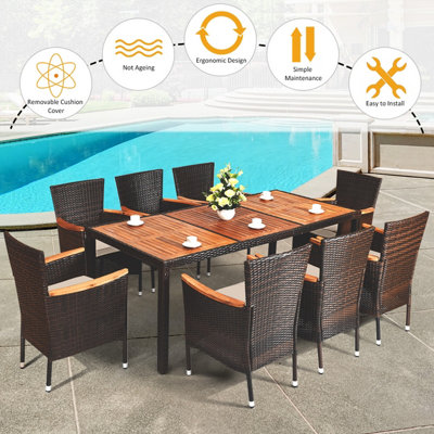Costway 9 PCS Patio Dining Set Outdoor Wicker Conversation Set w/ Acacia Tabletop - 7