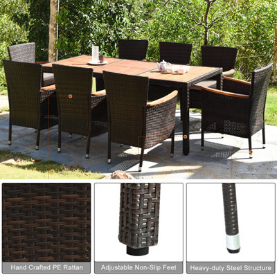 Costway 9 PCS Patio Dining Set Outdoor Wicker Conversation Set w/ Acacia Tabletop - 9