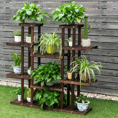 Costway 9 Tier Wood Plant Stand Carbonized Plants Display Rack Flower Shelf