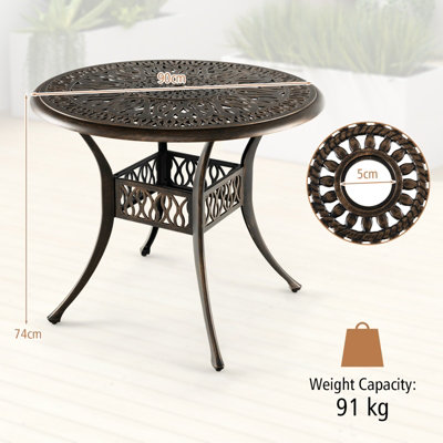 Costway 90 cm Patio Round Dining Table Outdoor Cast Aluminum Table w/ 5cm Umbrella Hole