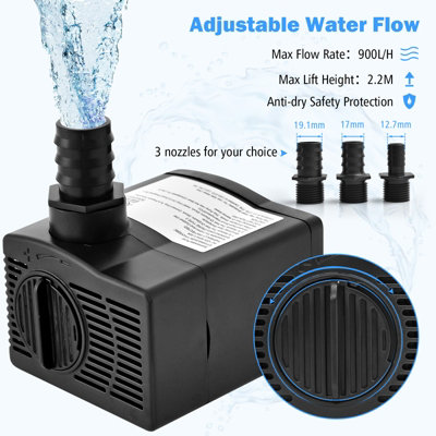 Costway 900L/H 22W Submersible Pump Fountain Water Pump with 2.2M High Lift 3 Nozzles - 8