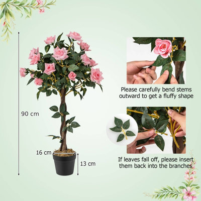 Costway 90CM Artificial Flower Tree Faux Floral Plant W/Pine Roses Greenery Potted Plant