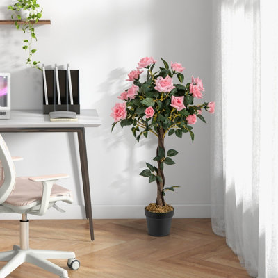 Costway 90CM Artificial Flower Tree Faux Floral Plant W/Pine Roses Greenery Potted Plant - 4