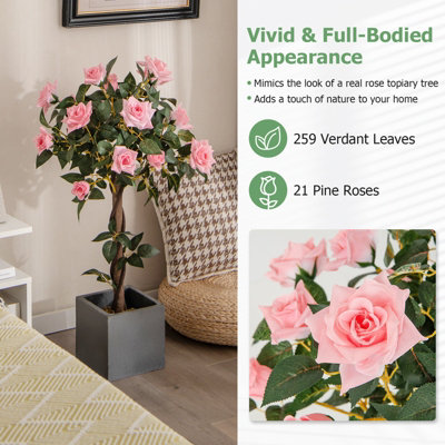 Costway 90CM Artificial Flower Tree Faux Floral Plant W/Pine Roses Greenery Potted Plant - 6