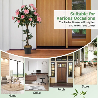 Costway 90CM Artificial Flower Tree Faux Floral Plant W/Pine Roses Greenery Potted Plant - 9