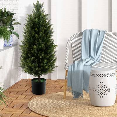 Costway 90CM Artificial Topiary Cedar Tree Fake Cypress Tree with Cement Plastic Pot