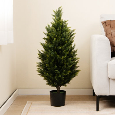 Costway 90CM Artificial Topiary Cedar Tree Fake Cypress Tree with Cement Plastic Pot - 4