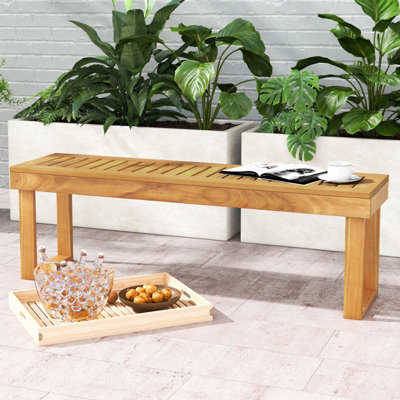 Costway Acacia Wood Patio Bench Outdoor Dining Bench Backless Farmhouse Bench