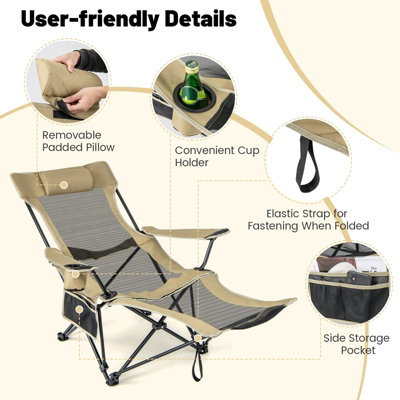 Goplus Camping Lounge Chair With Footrest - 4-Position Reclining Folding Chair, Carrying Bag, Cup Holder, 330LBS Capacity
