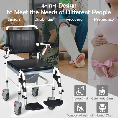 Costway Adjustable Toilet Shower Wheelchair Commode Transport Chair W/ Detachable Bucket