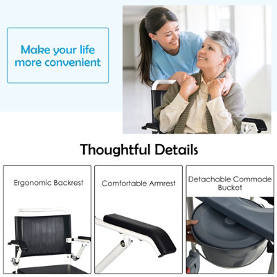 Costway Adjustable Toilet Shower Wheelchair Commode Transport Chair W/ Detachable Bucket - 6