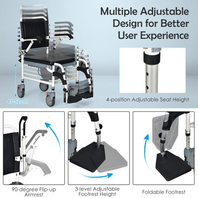 Costway Adjustable Toilet Shower Wheelchair Commode Transport Chair W/ Detachable Bucket - 3