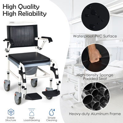 Costway Adjustable Toilet Shower Wheelchair Commode Transport Chair W/ Detachable Bucket - 4