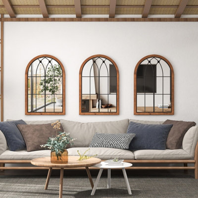 Costway Arched Window Wall Mirror Rustic Wall Mounted Mirror with Solid Wood Frame