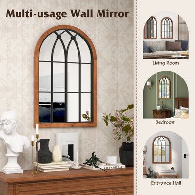 Costway Arched Window Wall Mirror Rustic Wall Mounted Mirror with Solid ...