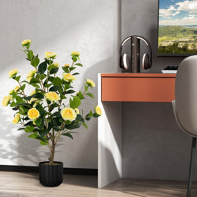 Costway Artificial Camellia Tree Faux Flower Plant Artificial Tree in Cement Pot Greenery Potted Plant Free Maintenance