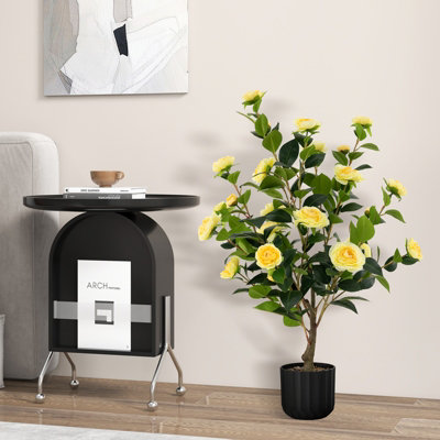 Costway Artificial Camellia Tree Faux Flower Plant Artificial Tree in Cement Pot Greenery Potted Plant Free Maintenance - 4