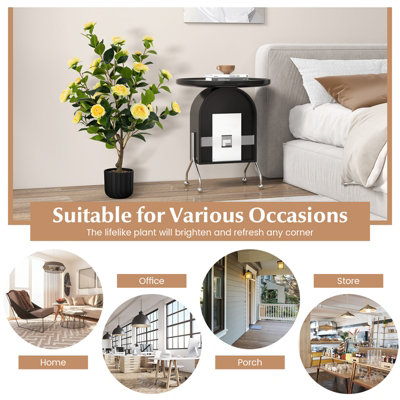 Costway Artificial Camellia Tree Faux Flower Plant Artificial Tree in Cement Pot Greenery Potted Plant Free Maintenance - 5