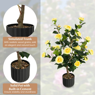 Costway Artificial Camellia Tree Faux Flower Plant Artificial Tree in Cement Pot Greenery Potted Plant Free Maintenance - 6