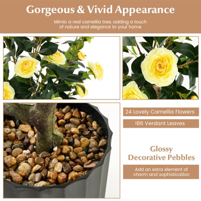 Costway Artificial Camellia Tree Faux Flower Plant Artificial Tree in Cement Pot Greenery Potted Plant Free Maintenance - 7