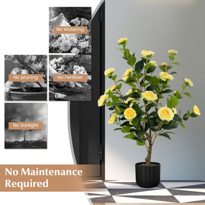 Costway Artificial Camellia Tree Faux Flower Plant Artificial Tree in Cement Pot Greenery Potted Plant Free Maintenance - 8