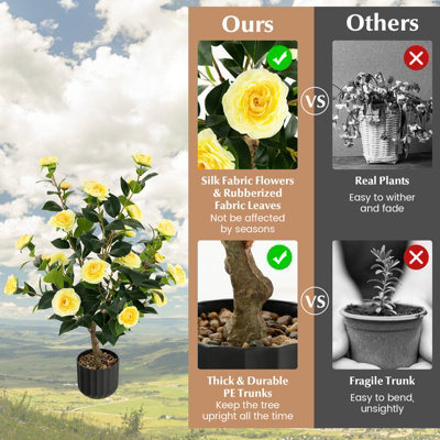 Costway Artificial Camellia Tree Faux Flower Plant Artificial Tree in Cement Pot Greenery Potted Plant Free Maintenance - 9