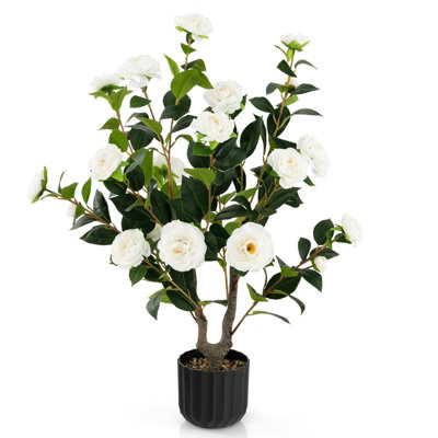 COSTWAY Albero Di Camelia Artificiale 102 Cm Con 37 Fiori Gialli, Vaso Con Ciottoli, Pianta Finta Per Interni - 2