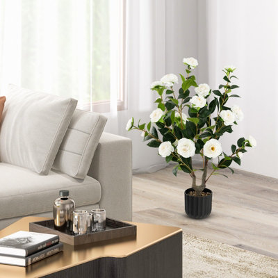Costway Artificial Camellia Tree Faux Flower Plant Pot Artificial Tree 24 White Flowers - 3