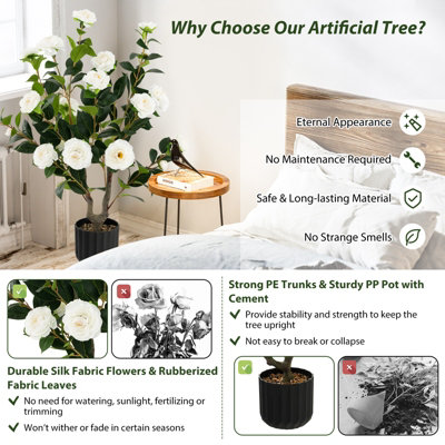 Costway Artificial Camellia Tree Faux Flower Plant Pot Artificial Tree 24 White Flowers - 5