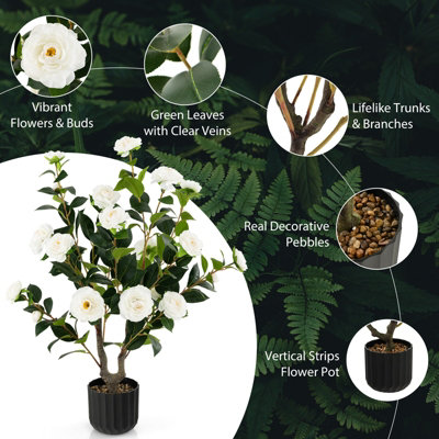 Costway Artificial Camellia Tree Faux Flower Plant Pot Artificial Tree 24 White Flowers - 6