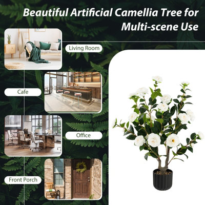 Albero di camelia artificiale in fiore finta con 37 fiori gialli ciottoli di pioggia, Pianta di camelia simulato