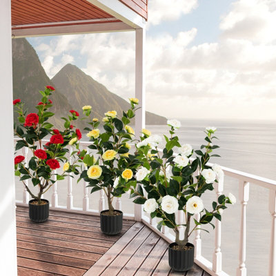 Costway Artificial Camellia Tree Faux Flower Plant Pot Artificial Tree 24 White Flowers - 9