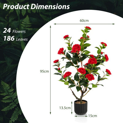 Costway Artificial Camellia Tree Faux Flower Plant Pot Artificial Tree W/ 24 Red Flowers