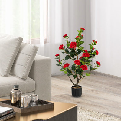 Costway Artificial Camellia Tree Faux Flower Plant Pot Artificial Tree W/ 24 Red Flowers - 3