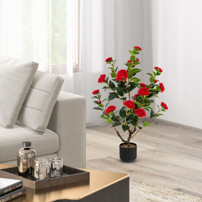 Costway Artificial Camellia Tree Faux Flower Plant Pot Artificial Tree W/ 24 Red Flowers