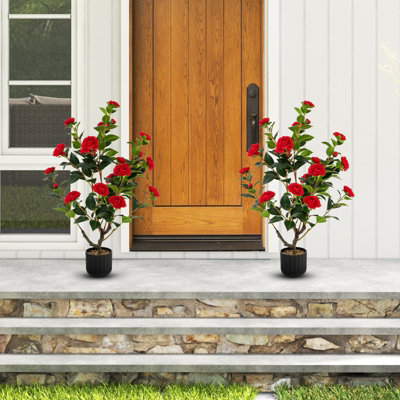 Costway Artificial Camellia Tree Faux Flower Plant Pot Artificial Tree W/ 24 Red Flowers - 4