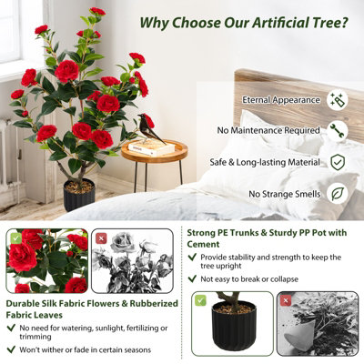 Costway Artificial Camellia Tree Faux Flower Plant Pot Artificial Tree W/ 24 Red Flowers - 5