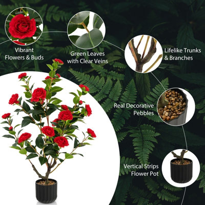 Costway Artificial Camellia Tree Faux Flower Plant Pot Artificial Tree W/ 24 Red Flowers - 6