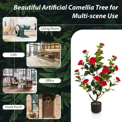 Costway Artificial Camellia Tree Faux Flower Plant Pot Artificial Tree W/ 24 Red Flowers - 8